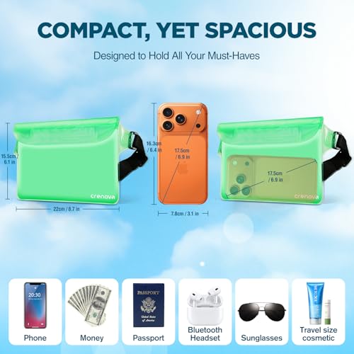 Waterproof Bag for Beach, Waterproof Pouch for Phone Passport Purse, Fanny Packs for Women, Floating Dry Bags for Cruise Ship Travel Water Park Surfing Boating Fishing Kayaking Pool Accessories - color: Green & Clear