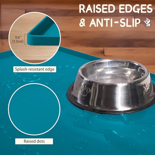 MateeyLife Silicone Cat & Dog Food Mat for Floors Waterproof, Anti-Slip Dog Bowl Mats for Food and Water, Pet Feeding Mats with Lip to Prevent Spills, Pet Placemat for Messy Drinkers to Protect Floors - color: Teal, size: 22''×14''