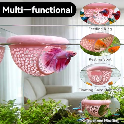 Floating Betta Shrimp Cave, Pink, Large | Multi-Functional Aquarium Hammock, Hiding & Feeding, With Feeding Ring, Tank Resting Spot for Small Fish - color: Pink, size: Large