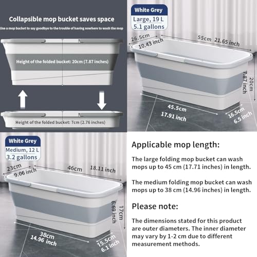 Foldable Mop Bucket with Dual Handles, Rectangular Collapsible Bucket, for House Cleaning, Camping & RV Use (12 L (3.2 Gallons), White Grey) - color: White Grey, size: 12 L