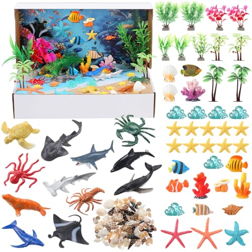 60 Pcs Ocean Diorama Kit Habitat Project Box Set 3D Ocean Diorama Supplies Include Under The Sea Animals Figures Artificial Coral Seagrass with Cardboard for DIY Crafts Gifts - color: Classic