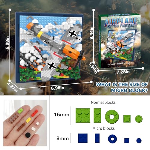 Military Plane 3D Wall Art Micro Mini Building Blocks Set, WW2 BF-109 Fighter Jet Wall Decor or Table Display, No Compatible with Lego, Great Army Airplane Toy Gift for Adults Teens 14+ (1320 PCS) - style: BF-109 Military Plane