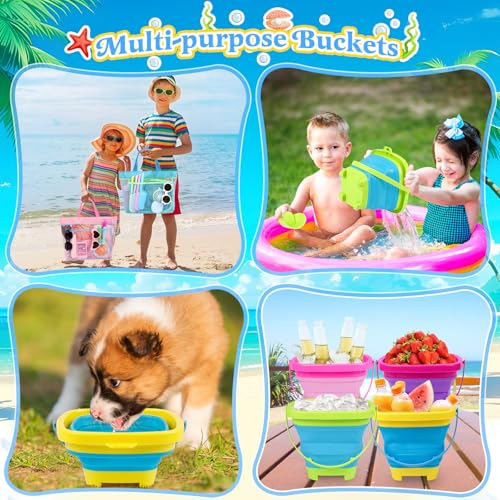 Collapsible Beach Buckets for Kids, 4 Packs Foldable Sand Buckets and Shovels with Mesh Beach Bag, Silicone Sand Pails for Toddlers Beach Toys, Easter Egg Hunt, Camping, Travelling, Fishing Water Pail - style: 4 Buckets
