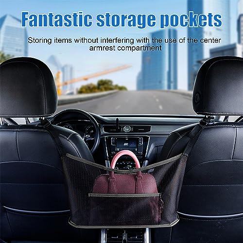 Car Net Pocket Handbag Holder, Organizer Mesh Bag Between Two Seat, Driver Storage Netting Pouch for Handbag Purse, Barrier of Backseat Pet Kids, Car Accessories for Women Men (Black)