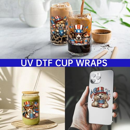4 PCS 4th of July Dog UV DTF Cup Wrap, Rub on Transfer Stickers for 16oz Glass Mugs, High Viscosity Permanent UV DTF Sticker, Coffee Cups, Water Bottles and Personalized Crafts - style: 4th of July Dog