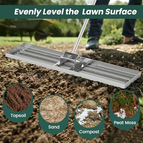 Goplus Lawn Leveling Rake, 42" x 10" Heavy Duty Level Lawn Tool w/ Ergonomic Handle for Soil, Effort-Saving Landscape Rake for Garden, Backyard, Golf Course, Farm, Pasture, Silver - style: 42" x 10", Silver
