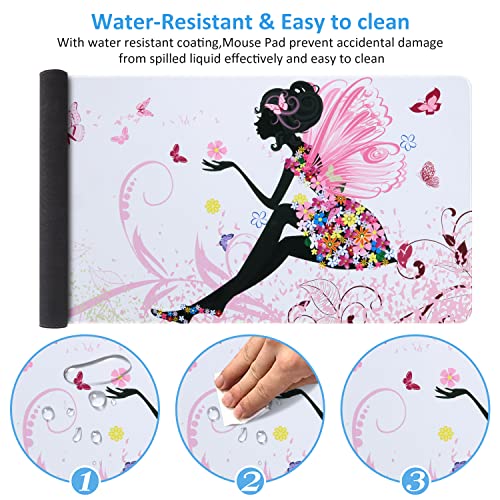 iCasso Extended Gaming Mouse Pad (35.4x15.7 in), Large 3mm Non-Slip Rubber Base Mousepad with Stitched Edges, Waterproof Keyboard Mouse Mat Desk Pad for Work, Game, Office, Home - Butterfly Girl - color: Butterfly Girl