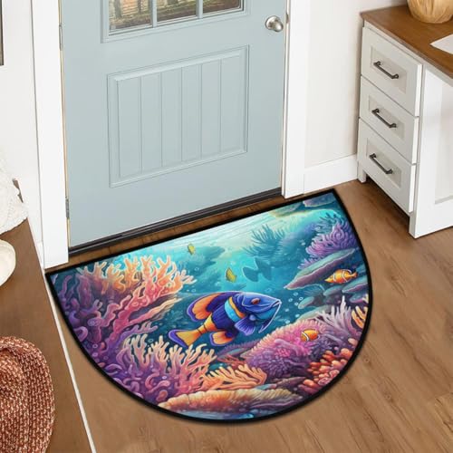 Front Door Rug Underwater Fish Coral Non-Slip Absorbent Half Round Doormat for Home Entrance Kitchen Bathroom Rubber Mats 36" x 24"