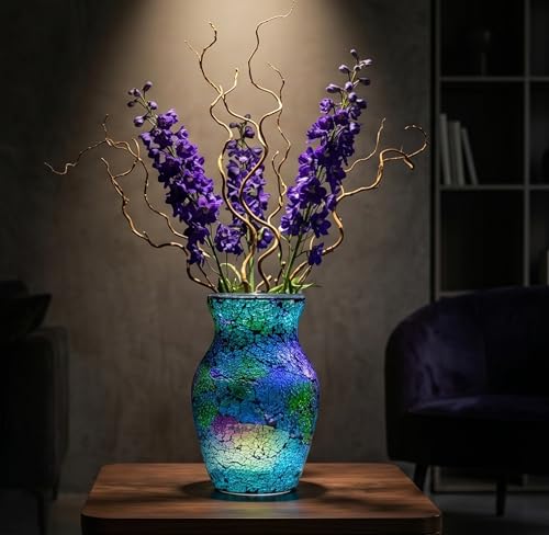 8" Iridescent Crackle Glass Vase, Handmade Deep Teal Green & Violet Mosaic Flower Vase, Dynamic Light-Reactive Art Centerpiece for Home Decor - color: Iridescent Green