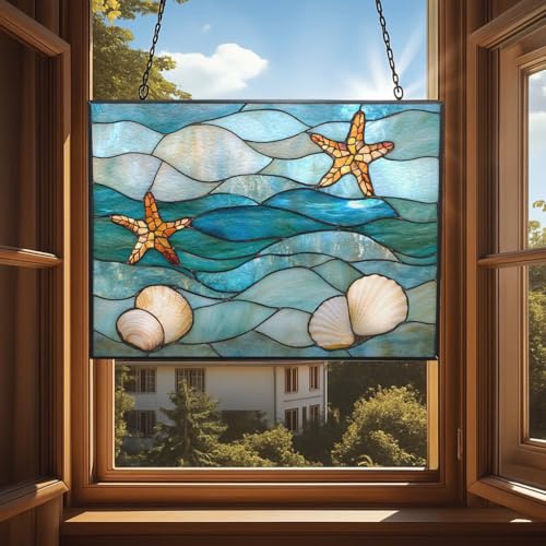 Rectangle Abstract Ocean Waves Stained Glass Sun Catcher, Wall Hanging Colored Decor Room Outdoor Window Decor, Halloween, Christmas Hanging Ornament Mother Day - color: Abstract Ocean Waves 3, size: 9.4x7.1 IN