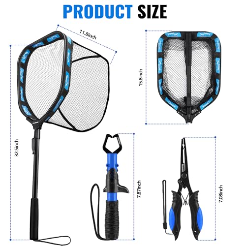 PLUSINNO Floating Fishing Net for Steelhead, Salmon, Fly, Kayak, Catfish, Bass, Trout Fishing, Rubber Coated Foldable Landing Net with Fixed or Telescoping Pole Handle, Fishing Gear and Gifts for Men - color: 11.8"/30cm Hoop Size 0.8M Blue (Fixed Pole)Wit