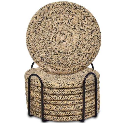 ABenkle 8 Pcs Drink Coasters with Holder, Cotton Woven Absorbent Coasters for Drinks, Minimalist Home Decor Coaster Set for Wooden Tabletop Protection Table, 4.3 inches - color: Jute Mixed Black, size: 8 Pcs
