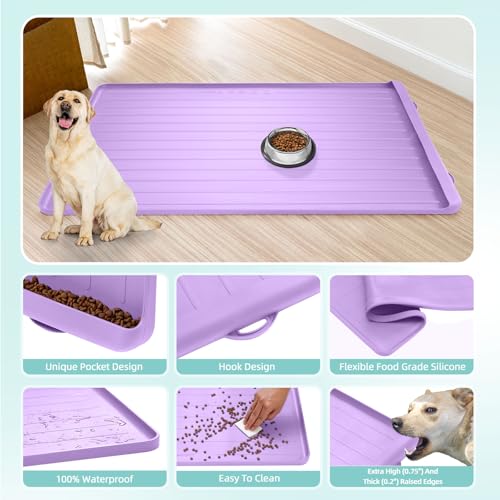 Dog Mat for Food and Water - 39.4" x 27" Large Pet Feeding Mats with Residue Collection Pocket - Waterproof Dog Cat Bowl Mat with High Edges to Prevent Water and Food Spills (Purple, 39.4''x27'') - color: Purple