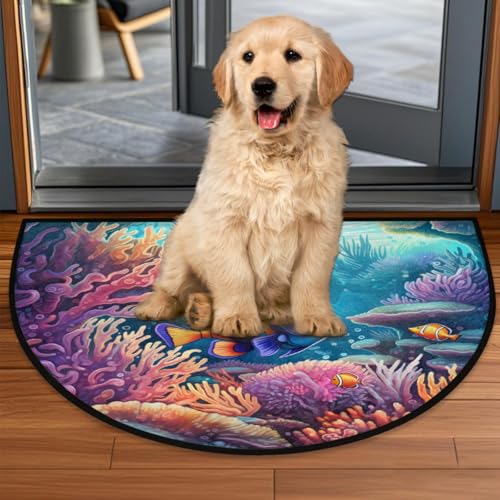 Front Door Rug Underwater Fish Coral Non-Slip Absorbent Half Round Doormat for Home Entrance Kitchen Bathroom Rubber Mats 36" x 24"