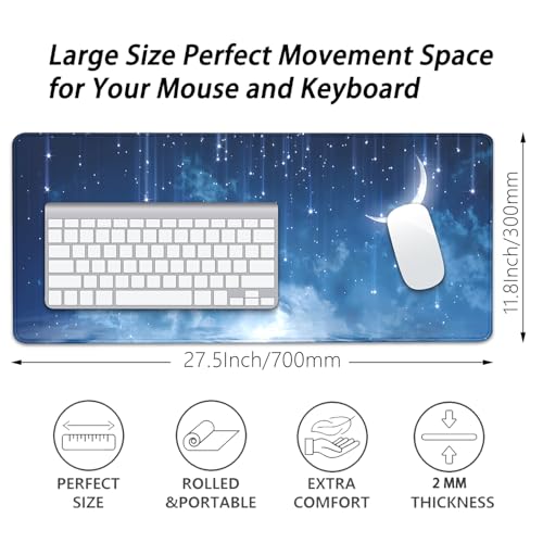 Blue Sky Stars Moon Desk Pad Mouse Pad,Large XL Meteor Showers Mouse Mat with Stitched Edges,Non-Slip Rubber Base Mousepad for Office PC Keyboard Laptop and Home Work Desk Mat(27.5X11.8 in) - color: blue sky stars moon