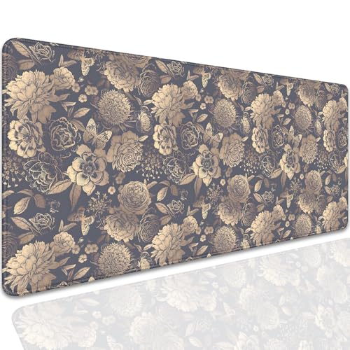 Vintage Roses and Peonies Desk Pad Mouse Pad,Dark Floral Mouse Mat with Stitched Edges,Non-Slip Rubber Base Black Mousepad for Office PC Keyboard Laptop and Home Work Desk Mat(27.5X11.8 in) - color: Retro Flowers