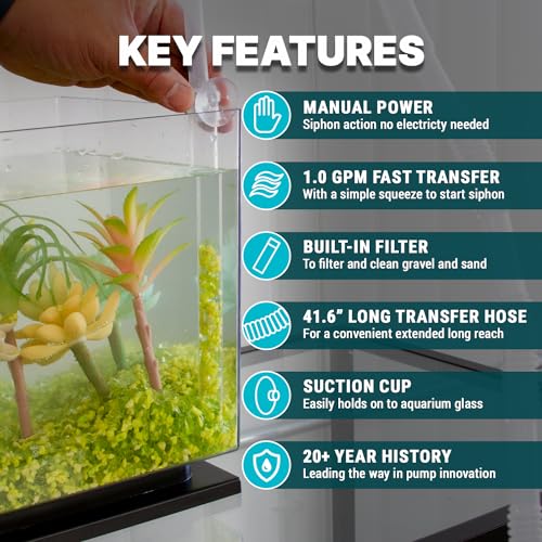 TERA PUMP Nano Aquarium Gravel Cleaner - Ideal for Under 10 Gallon Tanks, BPA-Free, Manual Squeeze Pump, High Flow, Secure Attachment, Perfect for Fresh & Saltwater Environments