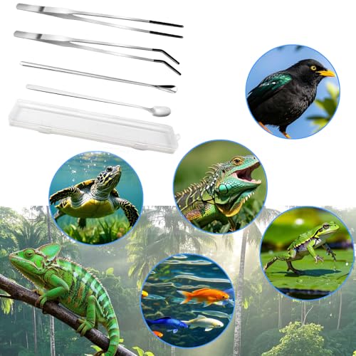 4-Piece Stainless Steel Reptile Feeding Tongs & Spoons Set with Case: 10.5"" Curved/Straight Tweezers, 7"" Spoons, Rubber Tips for Bearded Dragons, Aquarium/Terrarium Safe Feeding Tools