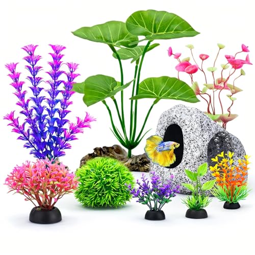 9 Pack Fish Tank Decorations for Betta Goldfish Bowl Decor | Aquarium Decor Kit, Betta Fish Tank Accessories, Hideout Cave, Moss Ball, Colorful Aquarium Plants for Resting, Hiding &Play
