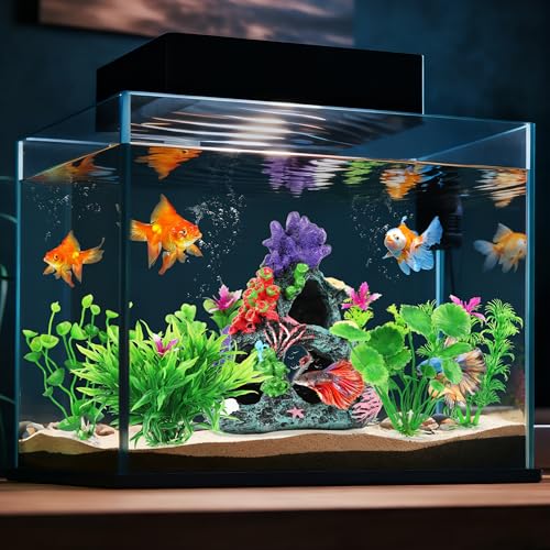 MyLifeUNIT Fish Tank Decorations, 7 Pieces Aquarium Plants Set with Coral Reef Decoration Mountain Cave Ornament for Betta, Goldfish, Shrimp to Breed, Play and Rest (Green) - color: Green