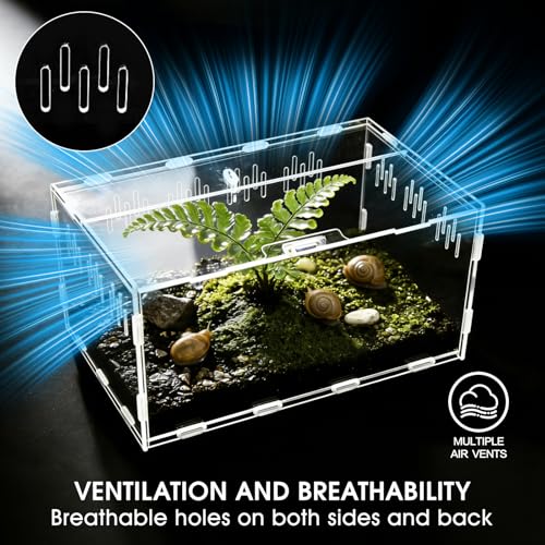 Acrylic Reptile Terrarium, Tarantula Enclosure with Magnetic Door, Easy-Clean Reptile Tank for Spider, Insect, Gecko, Mantis, Frog, Snail, Isopods- 11.4" X 7.8" X 5.9"(Tweezer and Bowl Included) - size: Basic Horizontal - Kit