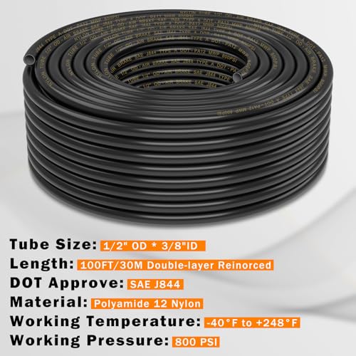 CheeMuii 100 FT 1/2" Double Layer DOT Air Line Premium PA12 Nylon 1/2 Pneumatic Tubing SAE J844 DOT Air Hose 31 Meter 1/2 Inch OD Pneumatic Air Tubing Pipe Hose Line - size: 1/2"OD-100FT-Double Layer