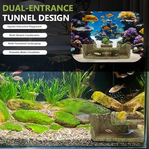Aquarium Cave Fish Hideout for Betta & Shrimp, Rock-Texture Corner Tunnel for Fish Tank, Small Aquarium Hideout Decor for Betta, Corydoras, Loaches & Shrimp