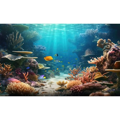 Under The Sea Aquarium Background Ocean Panorama Terrarium Background Underwater Coral Reef Tropical Fish Group Fish Tank Backdrop Deep Sea Ocean with Sunbeams Aquarium Background Poster 24x12in - color: Brown, size: 24(W)x12(H)in
