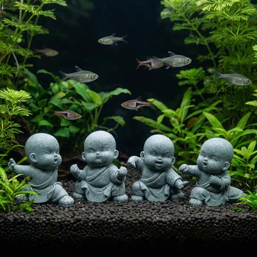 4pcs Mini Buddha Statue, Small Aquarium Decoration, Feng Shui Zen Monk Sandstone Sculpture, Cute Fish Tank Ornament for Home Garden