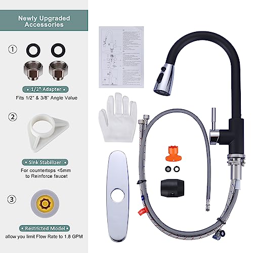 Black and Chrome Kitchen Faucet with Sprayer, WOWOW Stainless Steel Kitchen Sink Faucet High Arc Utility Sink Faucet 1 or 3 Hole, Kitchen Tap for RV, Laundry, Bar - color: Black & Chrome, style: Kitchen Faucet
