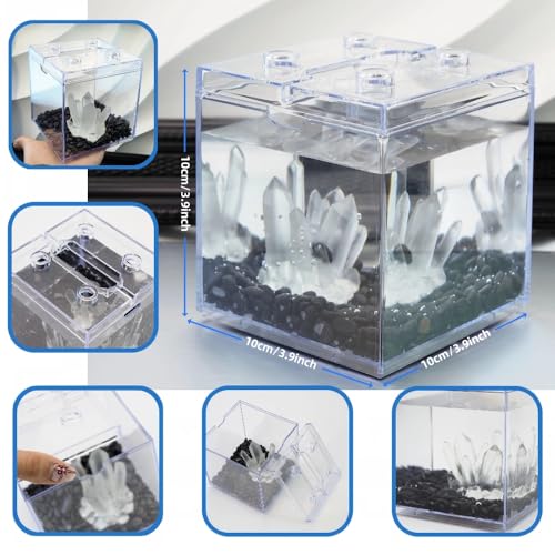 Mini Betta Fish Tank, Stackable Small Fish Bowl for Desktop Decoration, 0.2 Gallon 360° Rotatable Tiny Aquarium Kit with Gravels & Resin Crystal Cluster for Sea Monkey, Shrimp