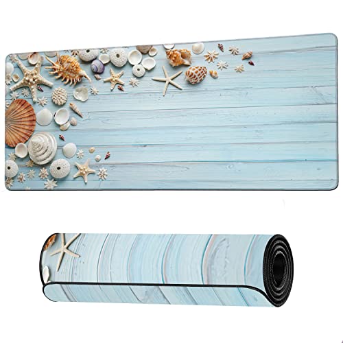 Shells on Blue Wood Large Mouse Pad Extended Gaming Mouse Pad Waterproof Desk Mat with Stitched Edge,Non Slip Base Keyboard Mouse pad for Home Office 35.4" X 15.7" - color: Shells on Blue Wood