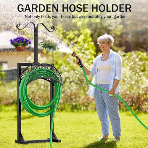 Garden Hose Holder for Outside - Upgraded Water Hose Holders with 5 Spikes & 2 Shepherds Hooks, Freestanding Hose Stand Heavy Duty Hose Hanger Hose Storage Hose Reel Rack for Outside Yard Lawn - color: Black