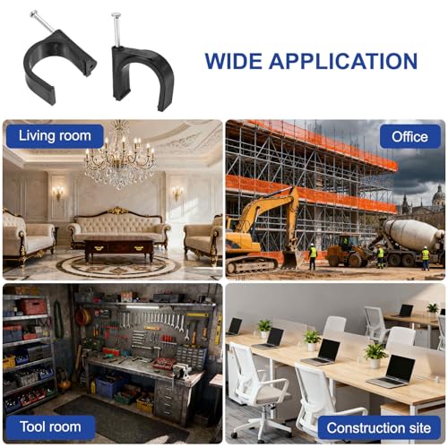 HARFINGTON 120pcs Cable Clips with Nail 10mm ID Circular Single Half Clamp J-Hook with Nail Cord Clips for Wires on Wall for Ethernet Tacks Coax Pex Tubing Pipe Support, Black