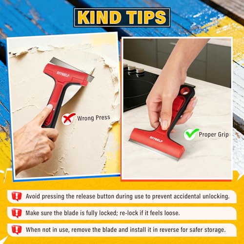 DIYSELF Razor Blade Scraper, 1 Pack Scraper Tool with 10pcs 4-Inch Blades, Razor Scraper for Cleaning Glass, Window, Stove Top, Oven, Kitchen, Cooktop, Shower Door, Sticky Residue, Tile, Wallpaper - color: Red, size: 10PCS Metal Blades