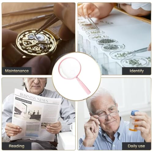 Feosky Handheld Reading Magnifier, 10X Magnifier, 130mm Shatterproof Lens, Non-Slip Handle for Adults Close Work, Seniors Reading and Nature Exploration, Hobby Observation(Pink) - color: Pink, size: 130mm