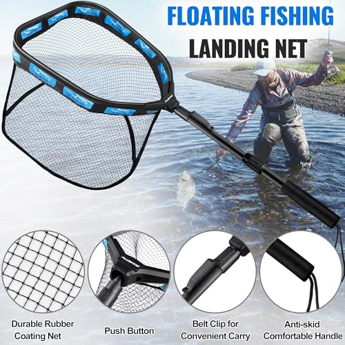 PLUSINNO Floating Fishing Net for Steelhead, Salmon, Fly, Kayak, Catfish, Bass, Trout Fishing, Rubber Coated Foldable Landing Net with Fixed or Telescoping Pole Handle, Fishing Gear and Gifts for Men - color: 11.8"/30cm Hoop Size 1.0M Blue (Telescopic Pol