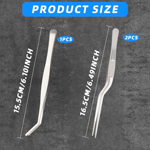 3-Pack Stainless Steel Tweezers - 6.3‘’ Curved Serrated Tip Precision Tongs for Gardening, Kitchen, Food Design, Decorating & Crafts - Multi-Purpose Tool for Bar, Lab, DIY & Professional Use