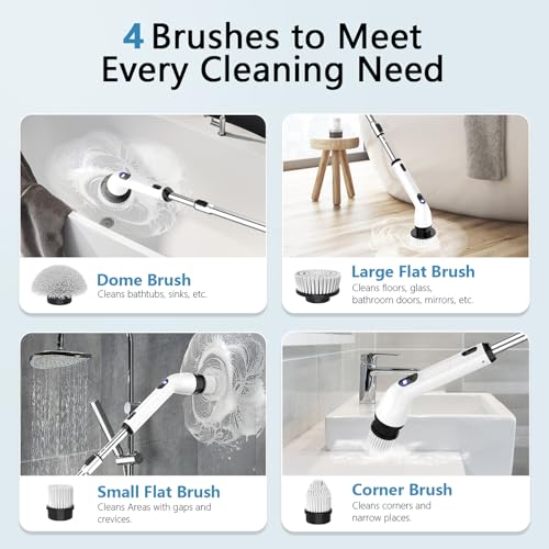 Electric Spin Scrubber, Full-Body IPX7 Waterproof Bathroom Scrubber with Power LCD Display, Adjustable Extension Handle, Cordless Shower Cleaner Brush for Bathtub Kitchen Wall Cleaning - color: Black