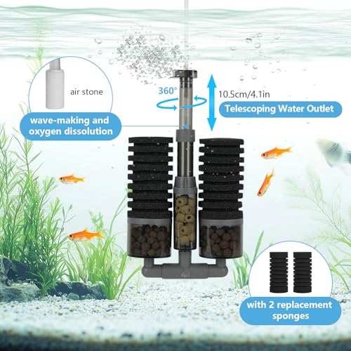 AQQA Aquarium Sponge Filter, Dual Bio Sponge Fish Tank Filter with Ceramic Media, Air Driven Multi-Stage Filtration 360° Rotatable Outflow, Quiet Breeding Fry Betta Shrimp Filter for Freshwater