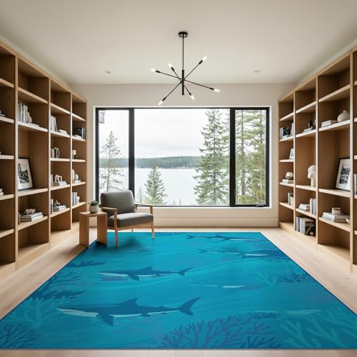9'x12' Washable Contemporary Shark Oversized Rug, Blue Non-Shedding Pet Friendly Carpet for Master Suite, California King, Under Bed, Foldable Easy Care Mat | Ref:2068649 - color: Blue/Pattern 13, size: 9' x 12' (Rectangular)