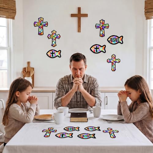 48PCS Sunday School VBS Crafts Bulk: Paper Cross Fish Nativity Suncatchers, Jesus Religious Christian Activity DIY Kits Church Decorations, Window Stained Glass Effect Art Supplies - style: jesus fish and cross