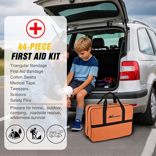 Nilight Car Emergency Kit with Jumper Cable, First Aid Kit Safety Assistance Tools for Travel Camping Outdoor Cars Truck SUV RV, Roadside Essentials with Flash Light - color: Essential Kit+Tool Set