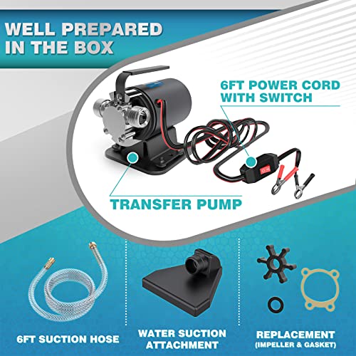 Acquaer Water Transfer Pump DC 12V 1/10HP Portable Electric Water Removal Utility Pump with Switch and Suction Hose Kit, Low Suction Water Removal for RV, Water Beds, Pools, Rain Barrel, Aquariums - style: 12V with Switch
