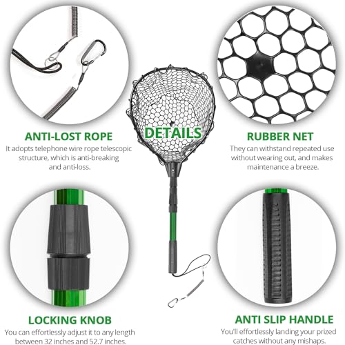 Rubber Fishing Net with Telescoping Handle - High Strength Landing Net for Fishing with Soft Rubber Netting, Two Sizes Options - size: M, Hoop Size: 17.3″ x 13″