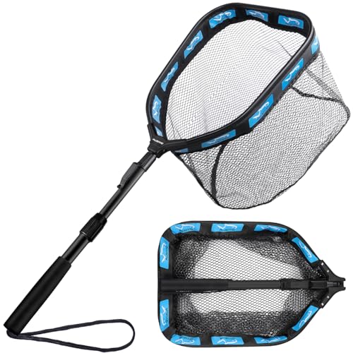 PLUSINNO Floating Fishing Net for Steelhead, Salmon, Fly, Kayak, Catfish, Bass, Trout Fishing, Rubber Coated Foldable Landing Net with Fixed or Telescoping Pole Handle, Fishing Gear and Gifts for Men - color: 11.8"/30cm Hoop Size 1.0M Blue (Telescopic Pol