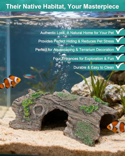 TRUVIC Fish Tank Decorations - Aquarium Cave Decor, Resin Hollow Tree Trunk Reptile Hide & Betta Log Hideout for 20 Gallon Tank, Fish Accessories Shelter Cave - color: Wood S