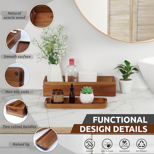 Handmade Toilet Tank Basket Topper & Vanity Tray Set of Natural Acacia Wood by DEMIGO, Created by Skilled Artisans, Smooth, Durable, Attractive Decor for Bathroom, Kitchen, Home, Spa - color: Brown
