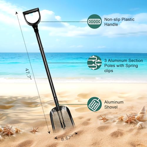 VYNTRA 47.7" Metal Sifting Shovel, Adjustable Sand Sifter for Chicken Coop, Farm Goat Stall & Garden, Beach-Heavy Duty Durable Mesh Screen for Poop Cleaning Durable Sifter Shovel Ergonomic Grip Black