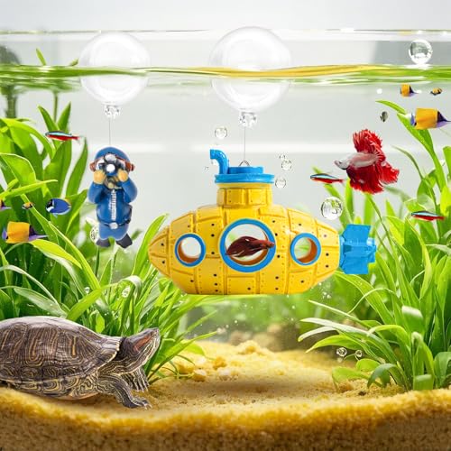 New Upgrade Floating Fish Tank Decoration, Cute Retro Submarine Set and Floating Diver,Three Float Balls, Aquarium Decorations Resinous Betta Fish Tank Accessories - color: Yellow